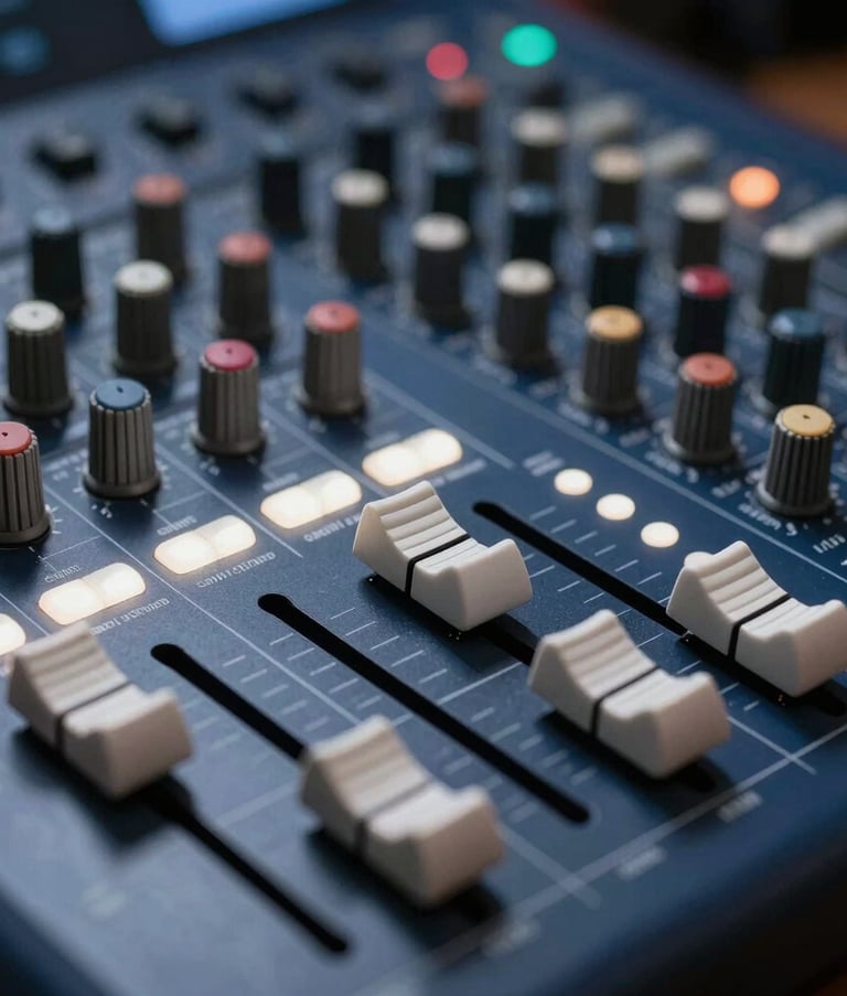 Macro photography of a professional audio mixing console, sleek faders and knobs, crisp white indicator lights against a deep navy blue chassis, tech-forward minimalist aesthetic, Global / International studio setting.