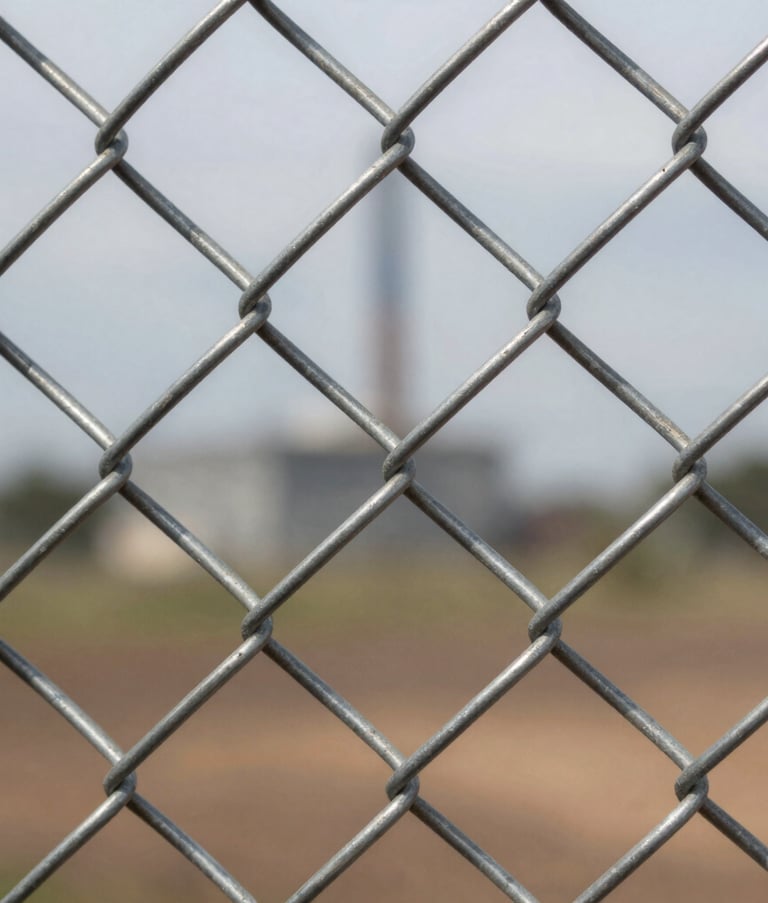 Macro photography of a high-quality galvanized steel chain-link fence weave. The focus is sharp on the metallic texture with professional lighting highlighting silver tones against a soft, out-of-focus industrial background in South America.
