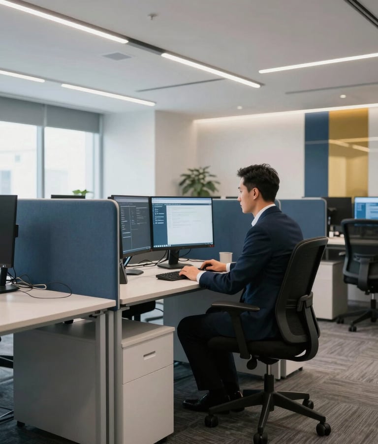 A wide-angle shot of a bright, modern office space in the US. A professional assistant is seen from the side, focused on a dual-monitor setup while sitting in an ergonomic chair. The space is clean and professional, featuring a palette of dark blue, muted blue, and gold accents.