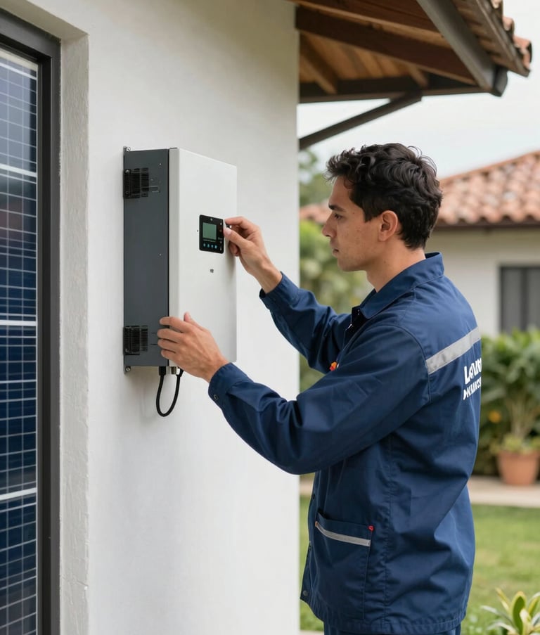 High-quality photography of a professional technician in a branded uniform inspecting a high-tech solar energy inverter mounted on an exterior wall of a modern home in a South American / Colombian setting. Bright, natural daylight and a clean, professional atmosphere.