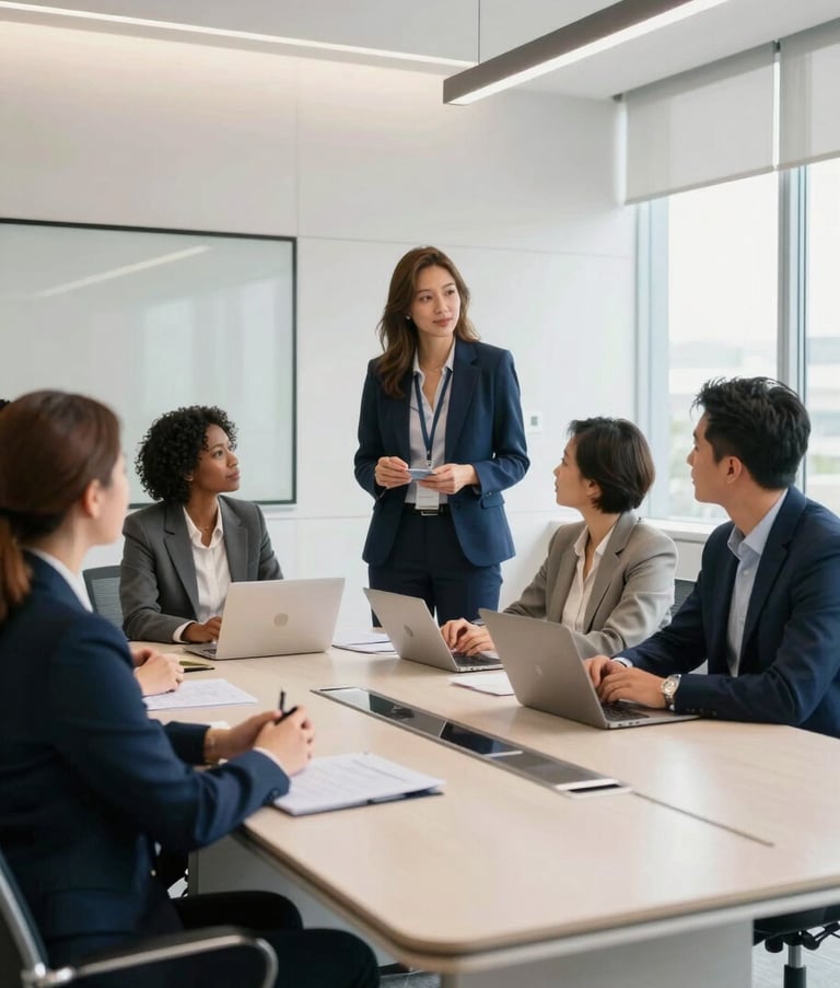 A group of diverse professionals in a modern North American boardroom, engaging in a collaborative strategy session. The setting is bright and professional, featuring clean architectural lines and a refined palette of dark blue and off-white.