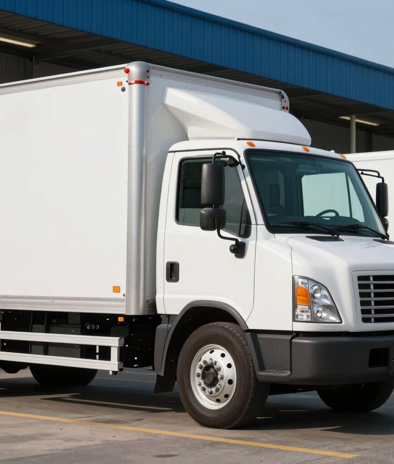 A side-profile photography shot of a clean, modern white box truck parked at a logistics facility in the United States. The lighting is crisp morning sun, emphasizing professional maintenance and fleet reliability, with steel blue accents in the background.