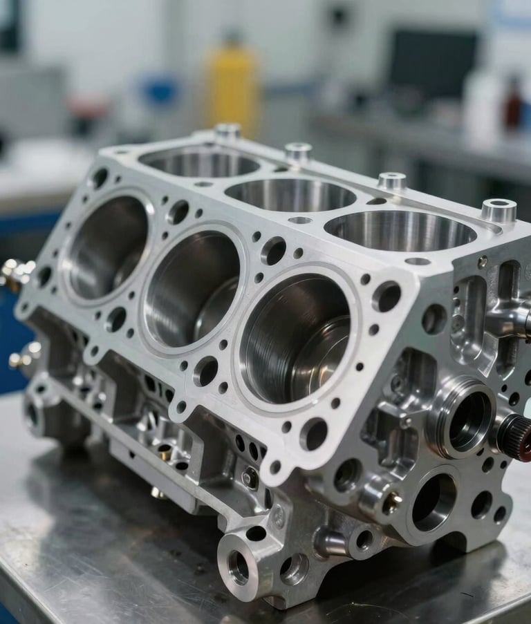 Macro photography of a perfectly cleaned and reconditioned engine cylinder head, showcasing the metallic shine and precision engineering, set in a professional Brazilian automotive lab.