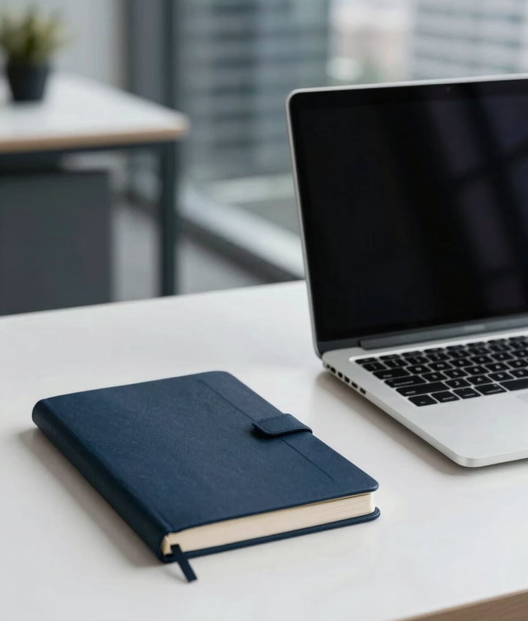 A clean, minimalist photography of a high-end workstation on a white desk. A navy blue journal and a sleek laptop are positioned neatly. The background is a soft-focus professional interior in an International / Global business district.