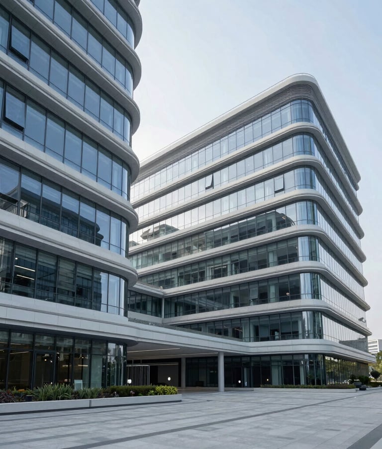 An wide-angle architectural shot of a futuristic tech campus with glass walls and clean lines. The atmosphere is sophisticated and professional with light blue-gray accents. International / Global context.
