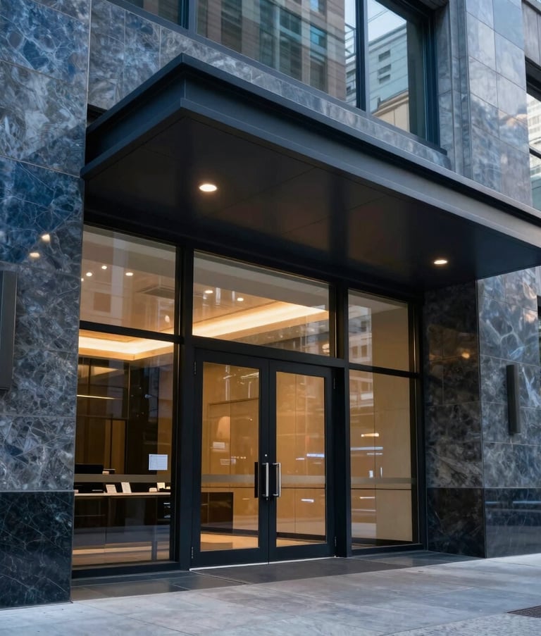 A sleek, modern corporate entrance in a North American city. The architecture features polished Dark Blue and Gray stone with large glass doors. The lighting is sophisticated, reflecting a trustworthy and established large-scale company.