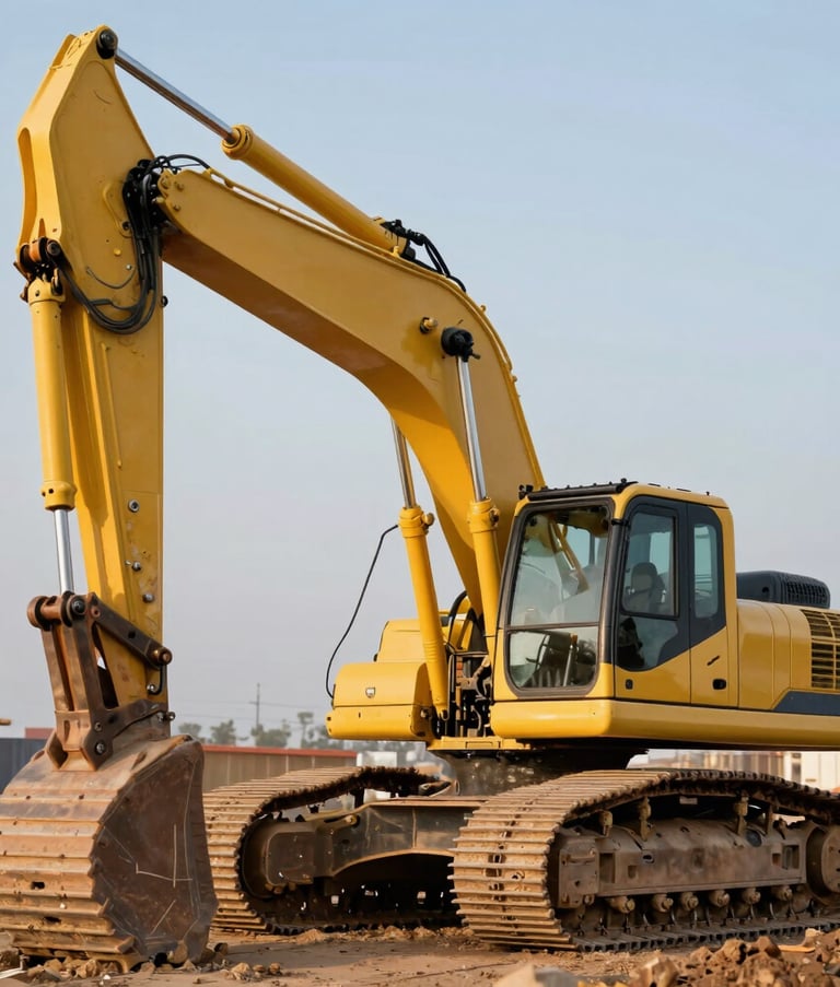 A sharp, high-contrast photograph of a large yellow excavator at a North American construction site, focusing on the mechanical details and steel joints to convey strength and reliability, under soft afternoon sunlight.