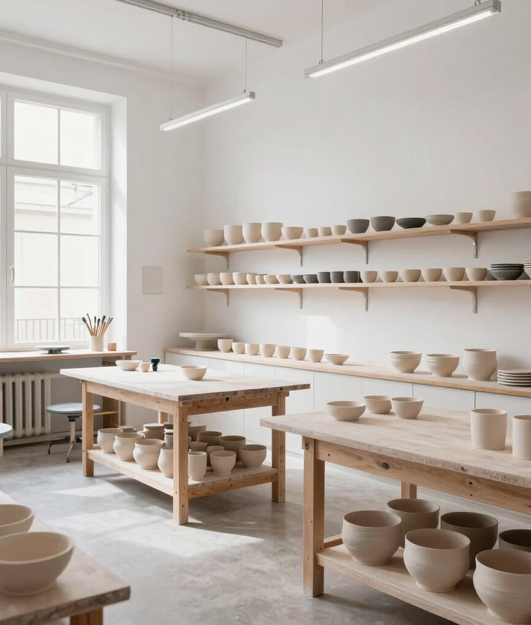 Wide shot of a modern artisan pottery workshop in France, clean white walls, bright natural light, featuring elegant tools and finished work, professional photography.