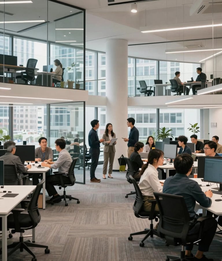 A wide shot of a modern, collaborative tech workspace in a major US city, featuring glass partitions, clean lines, and professionals engaged in dynamic group discussion, bright and airy atmosphere.