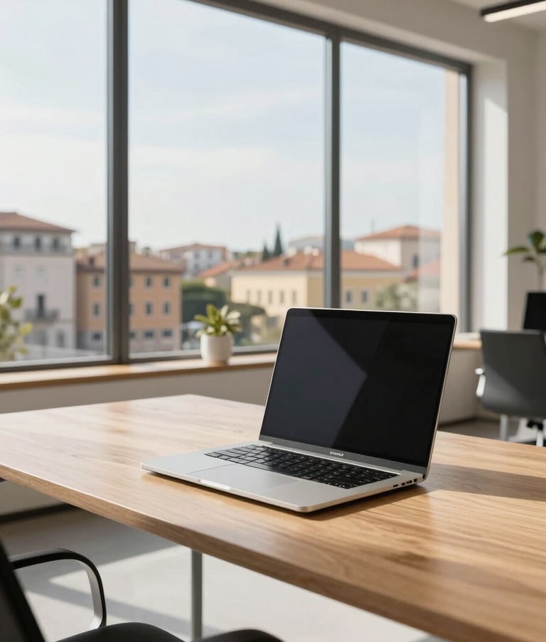 A wide-angle professional photograph of a bright, contemporary Italian office workspace. A sleek, high-end business laptop sits open on a minimalist wooden desk. Large windows in the background show a sunny Southern European urban landscape. The scene is clean, organized, and breathes sophistication.