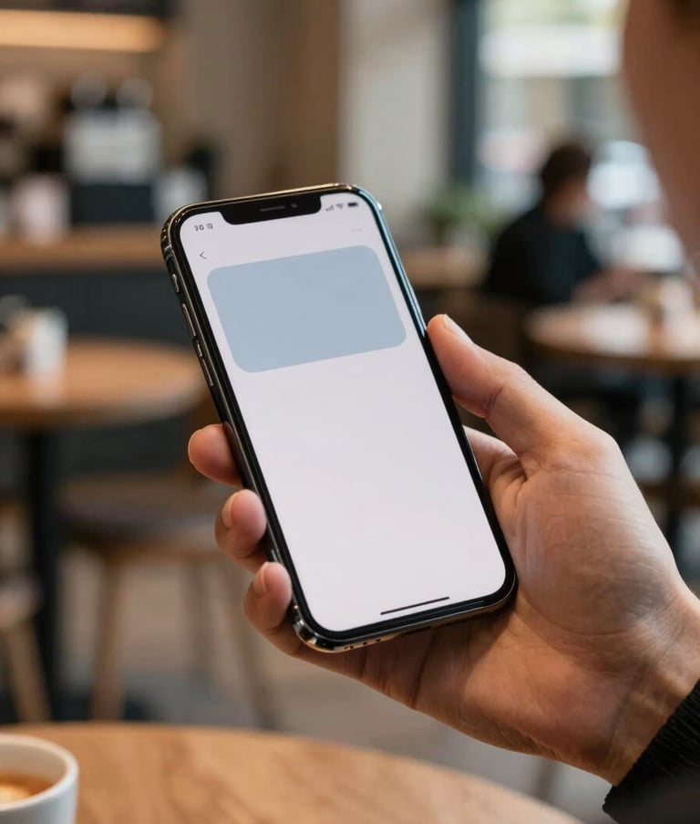 A close-up photograph of a professional's hands holding a modern, thin smartphone. The screen displays a crisp interface with blue-gray and off-white tones. The background is a blurred high-end cafe in a US metropolitan area, emphasizing a mobile, efficient lifestyle.