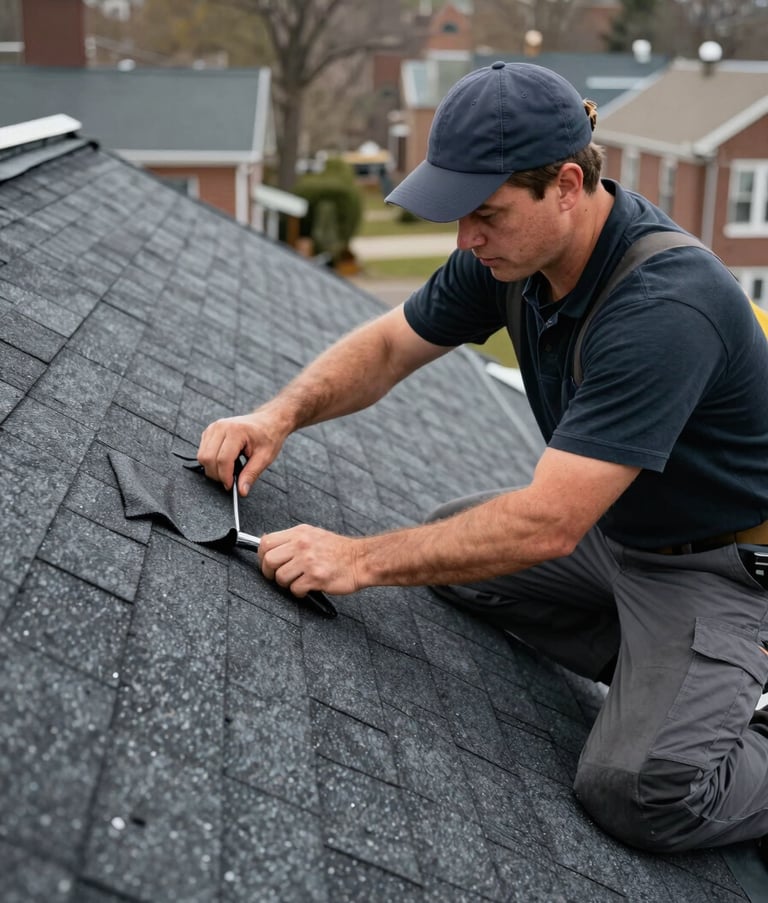 Close-up photography of a professional roofing contractor in professional attire installing high-quality asphalt shingles on a residential roof in a North American / New York City neighborhood.