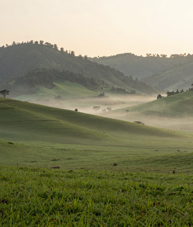 A wide-angle photography of a serene sunrise over the lush green highland pastures of Jalisco. The atmosphere is misty and peaceful, with a soft forest green and pale cream color palette. Minimalist and airy composition.