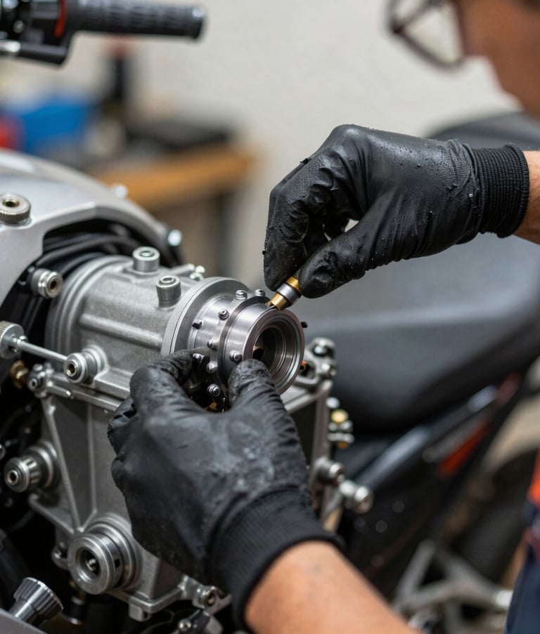 Close-up photography of a professional mechanic's hands wearing black gloves, precisely adjusting a motorcycle engine component. South American workshop environment, professional lighting, shallow depth of field, with industrial gray tones.