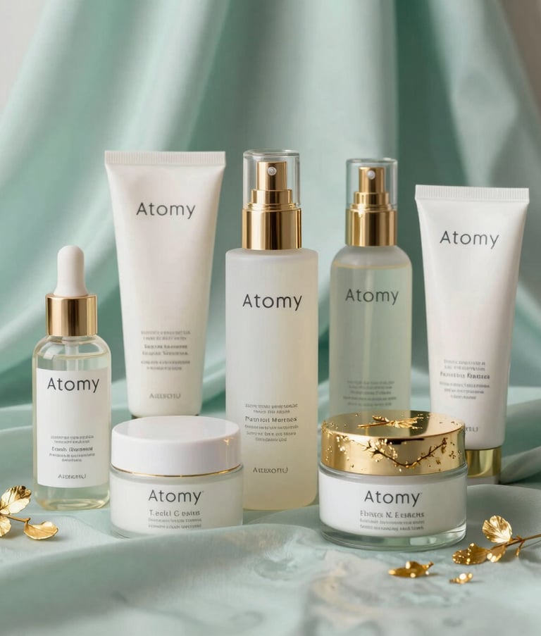 Elegant arrangement of premium skincare and health products from Atomy, styled with gold leaf accents and mint green silk, soft morning photography, high-end commercial style.