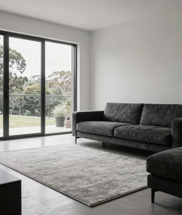 An interior photograph of a minimalist Australian living room in Adelaide with large windows and bright natural light. The surfaces are polished and dust-free, highlighting a light gray rug and clean charcoal furniture.