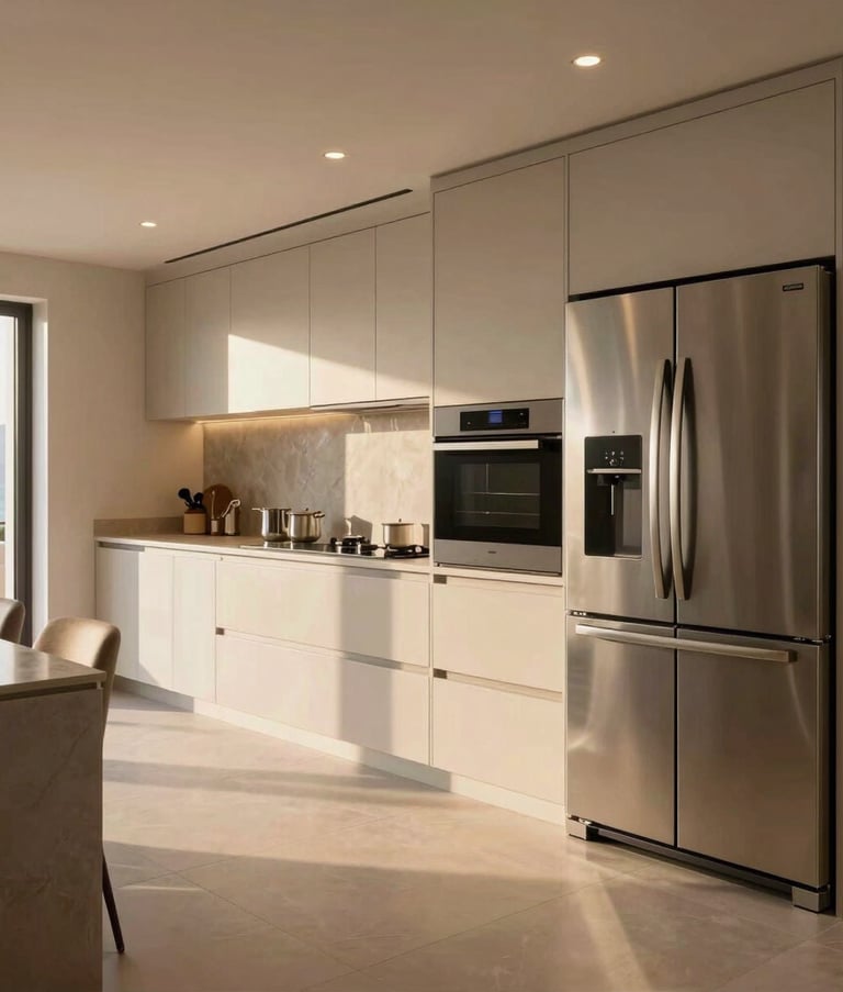 A wide-angle professional photograph of a luxury villa interior in Cedre Villas, Dubai, featuring high-end kitchen appliances like a built-in oven and French-door refrigerator. The lighting is warm and inviting, highlighting a clean and modern Gulf lifestyle.