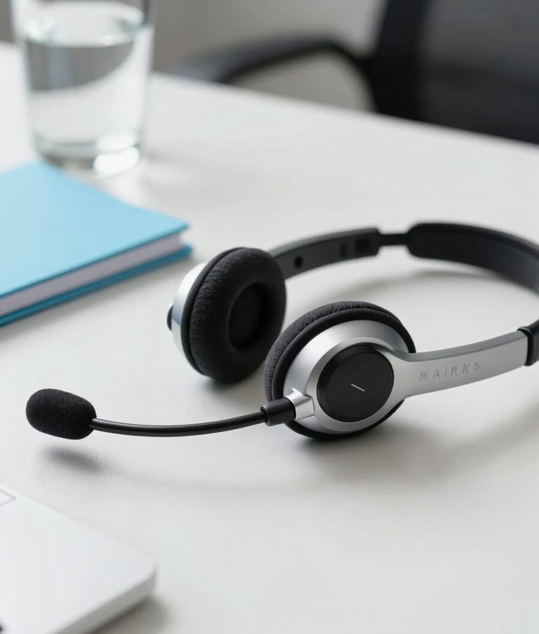 Macro photography of a sleek, high-end professional telemarketing headset resting on a minimalist white desk in a bright South American office, with a Sky Blue notepad and a glass of water in soft focus background.