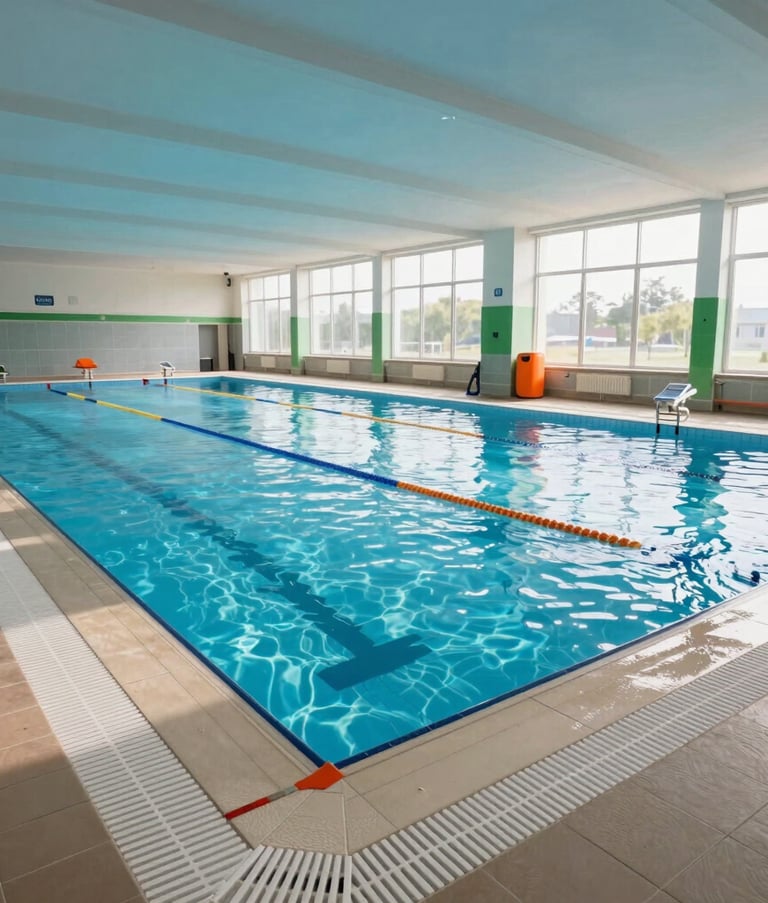 A wide-angle, bright photograph of a clean indoor swimming pool facility in Central Europe. The water is clear blue, and safety equipment in orange and green is visible on the poolside. The atmosphere is professional, organized, and sunlit.