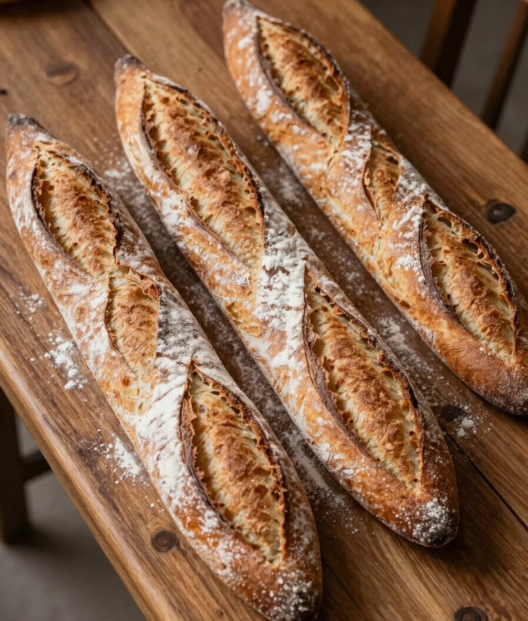 A high-angle photograph of a rustic wooden table in a French bakery, covered in freshly baked baguettes with a golden crust and a light dusting of flour. The atmosphere is warm, elegant, and inviting, with tones of medium brown and light cream.
