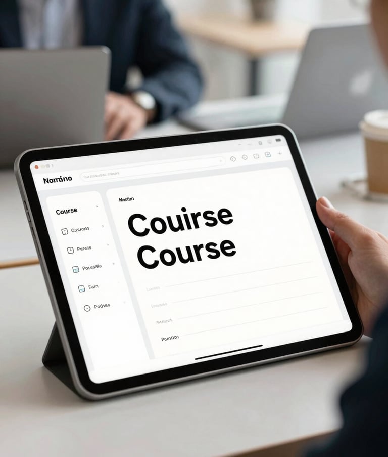 A focused shot of a high-tech tablet displaying a sleek, minimalist course-building interface with clean typography. In the background, a person in professional North American business attire is blurred, working in a bright, modern co-working space.