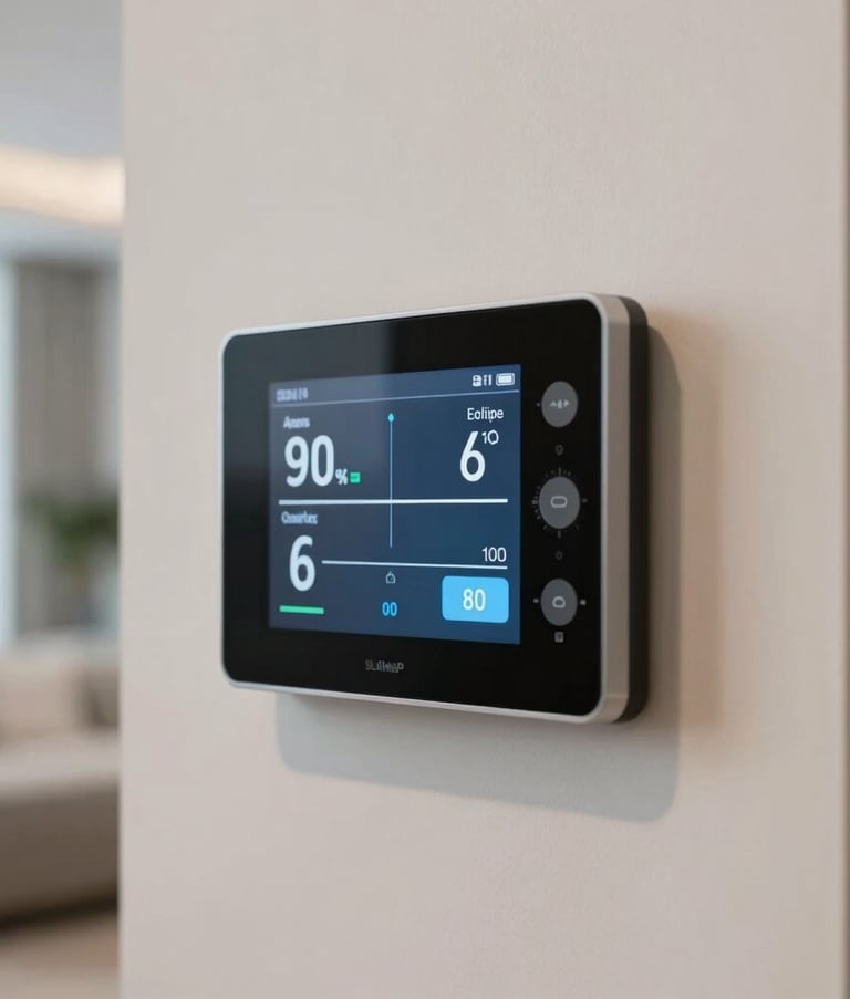 Close-up of a sleek, high-tech digital thermostat interface displaying cooling settings, mounted on a clean off-white wall in a modern Miami interior, soft indoor lighting, professional architectural photography.