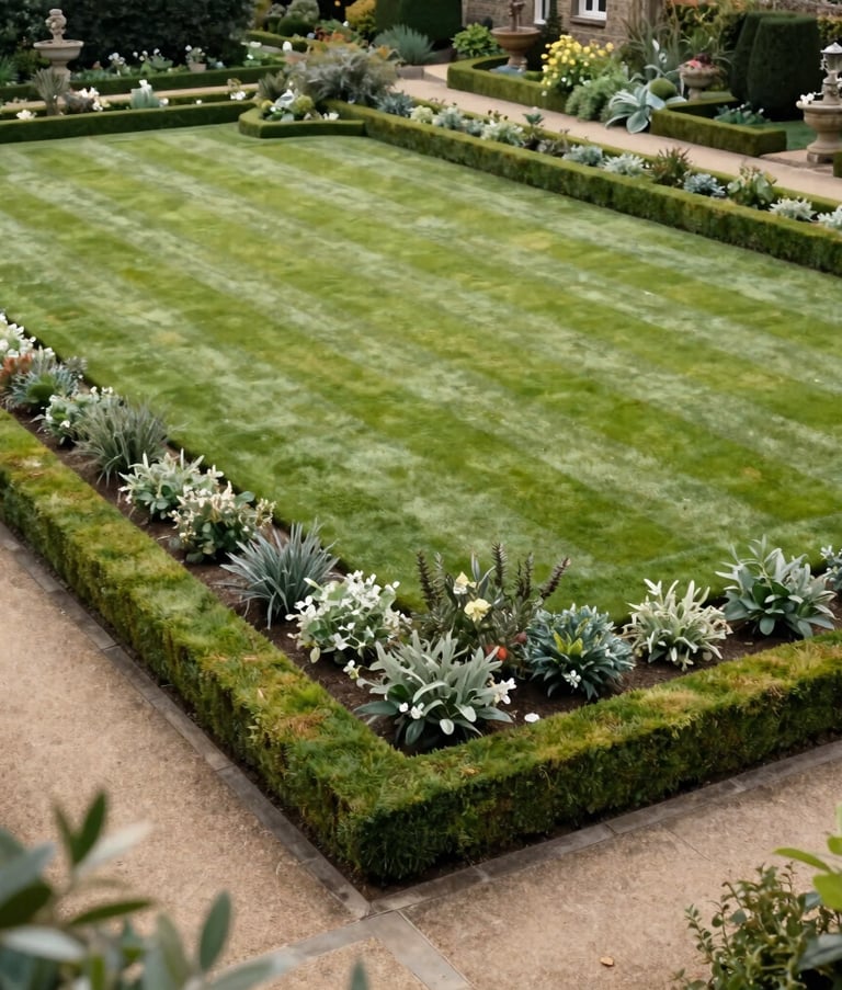 A wide shot of a neatly manicured lawn with structured flower beds and stone paths, classic British garden design with olive green and light green foliage, Europeu / Britânico.