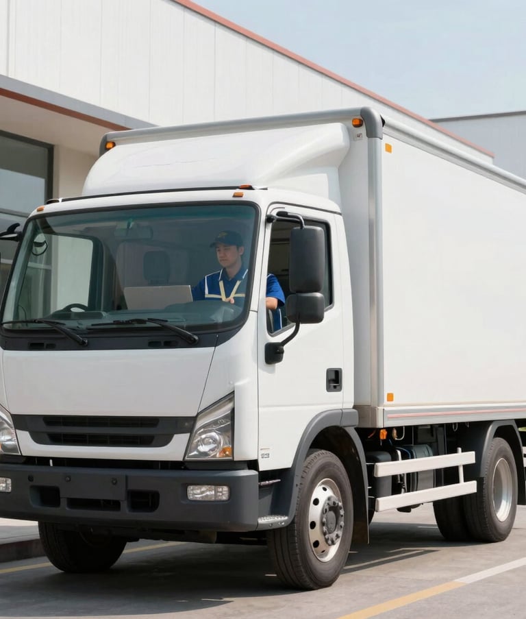 A professional delivery truck parked outside a modern commercial building, with a focused delivery driver in a clean uniform unloading goods. Bright daylight, crisp composition, reflecting efficiency and reliability. International Business.