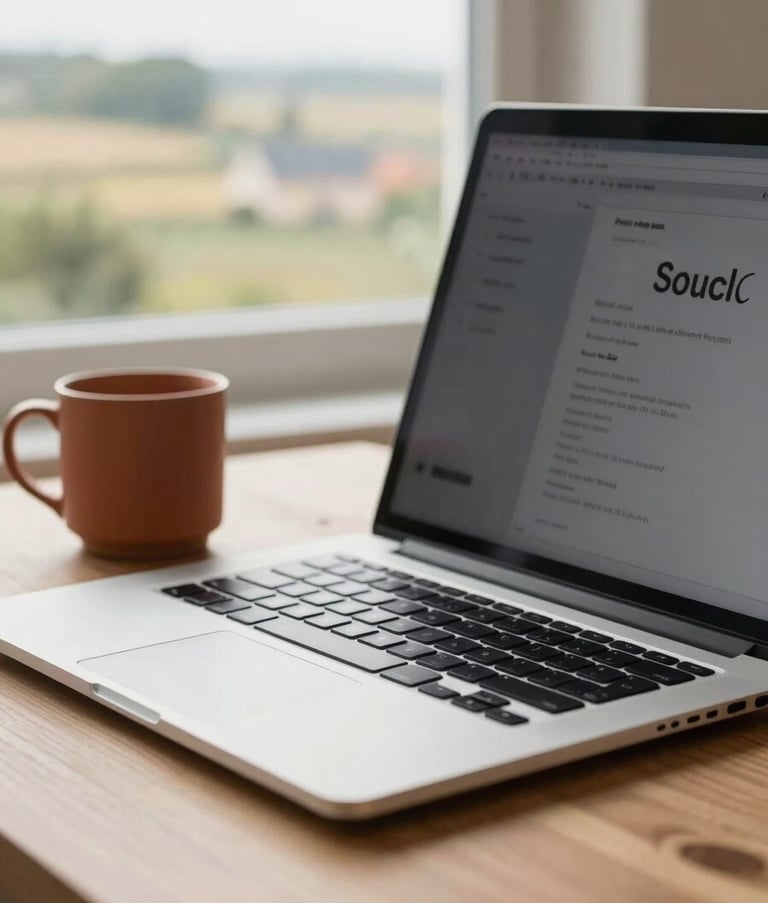 Professional workspace in Souillac, French / Southern France. Close-up photography of a modern laptop on a light wood desk, a ceramic mug in terracotta color, and a glimpse of the scenic Lot landscape through a blurred window. Soft morning light, premium and airy feel.