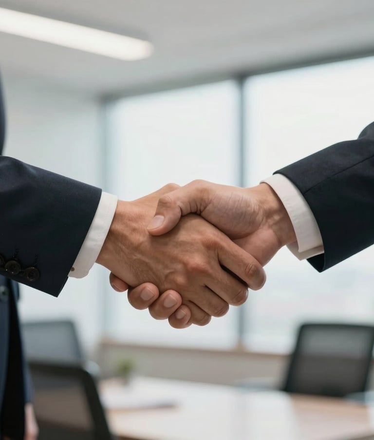 A close-up of a professional handshake between two business partners in a bright Brazilian corporate office, emphasizing trust and collaboration, with soft natural light and a clean background.
