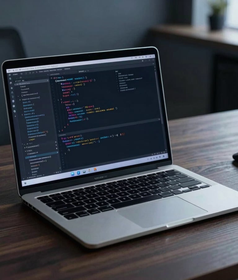 A sleek, modern laptop featuring a minimalist code editor on the screen, sitting on a dark wooden desk in a North American corporate environment. The lighting is subtle with deep navy and slate blue tones, emphasizing a clean and professional atmosphere.