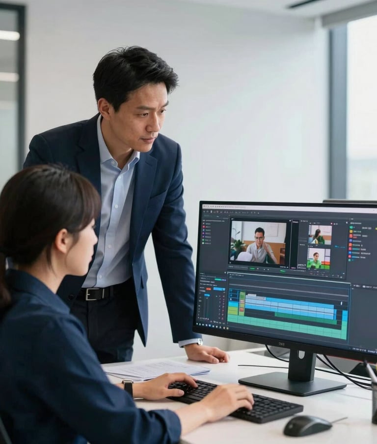 A professional mentor in business-casual attire standing beside a student at a desk in a North American office, looking at a dual-monitor setup showing a complex video editing timeline, clean and bright lighting with navy blue accents.