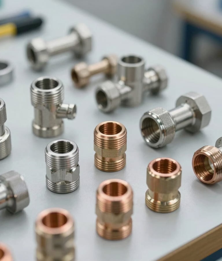 Close-up of high-quality stainless steel plumbing tools and copper pipe fittings organized on a clean workbench. Soft focus background, bright and professional service-oriented lighting.