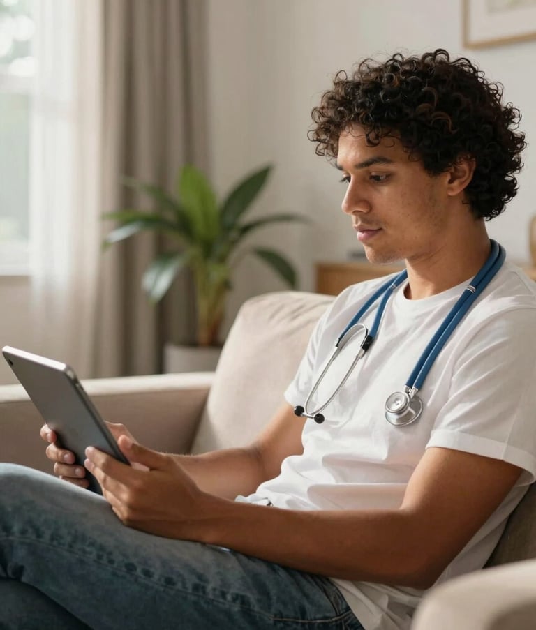 Photography of a South American individual in a sunlit Brazilian living room, holding a tablet during a virtual medical consultation, looking relaxed and comfortable, modern interior.