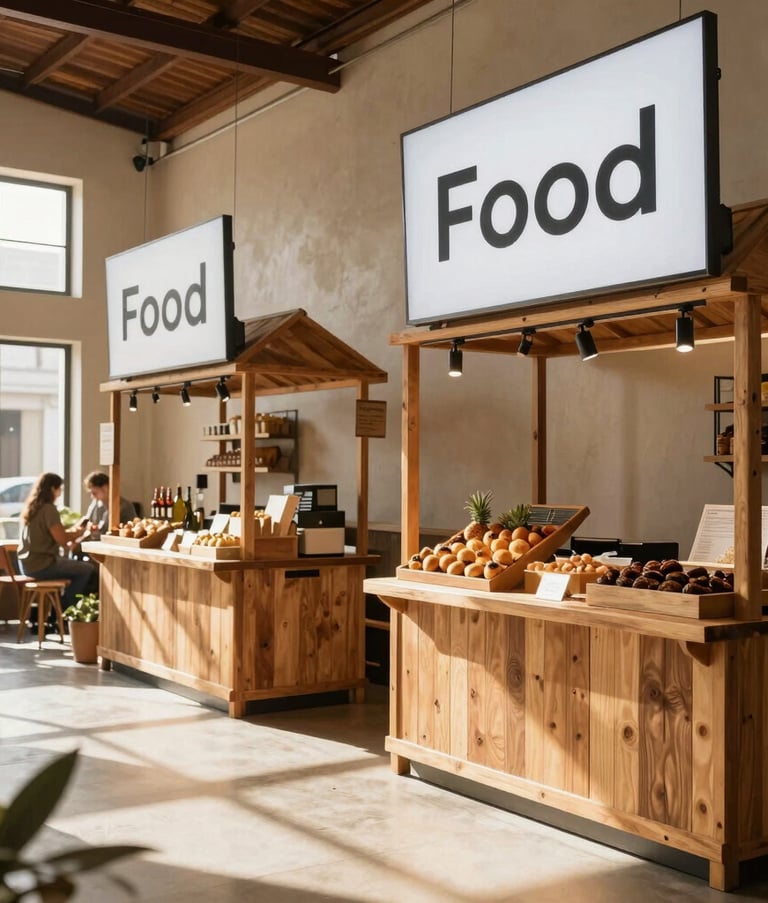 A modern and chic South American food market interior, featuring rustic wooden stalls and clean digital signage, warm beige tones, sunlight streaming through large windows, professional photography.