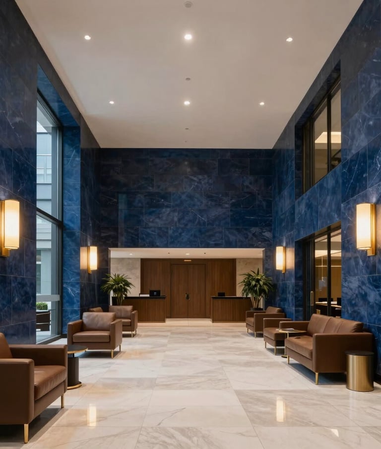 An elegant wide-angle architectural shot of a modern law firm lobby in the United States, featuring navy blue stone walls, golden lighting fixtures, and high-end furniture, creating an atmosphere of authority and trust.