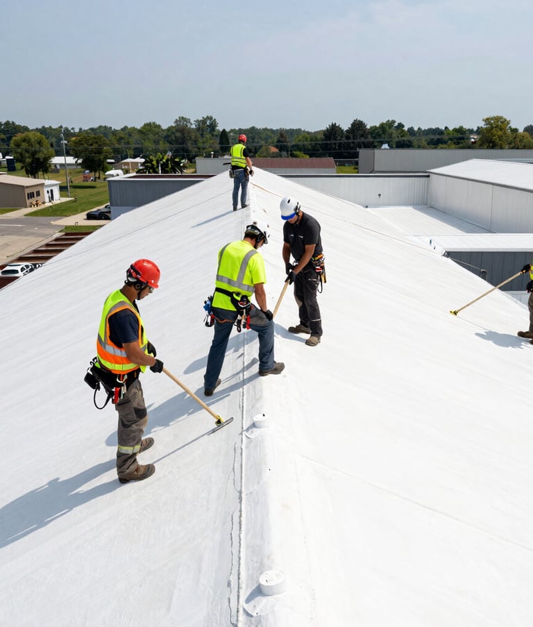 A high-quality action shot of a professional roofing crew in North American safety attire, working on a massive white TPO commercial roof installation during a bright day, emphasizing industrial scale and safety.