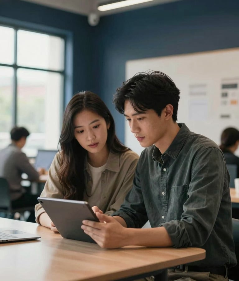Photography of two young professionals collaborating in a sleek North American coworking space. They are looking at a digital tablet together. The room is airy and modern with midnight navy accents and soft natural light from large windows.