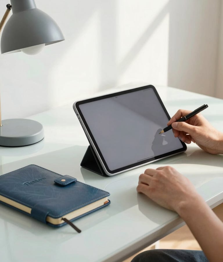 A professional working on a tablet in a sunlit, clean home office in the North American / US. A leather-bound notebook and a designer lamp sit on a desk with pale blue gray accents, conveying clarity and modernity.
