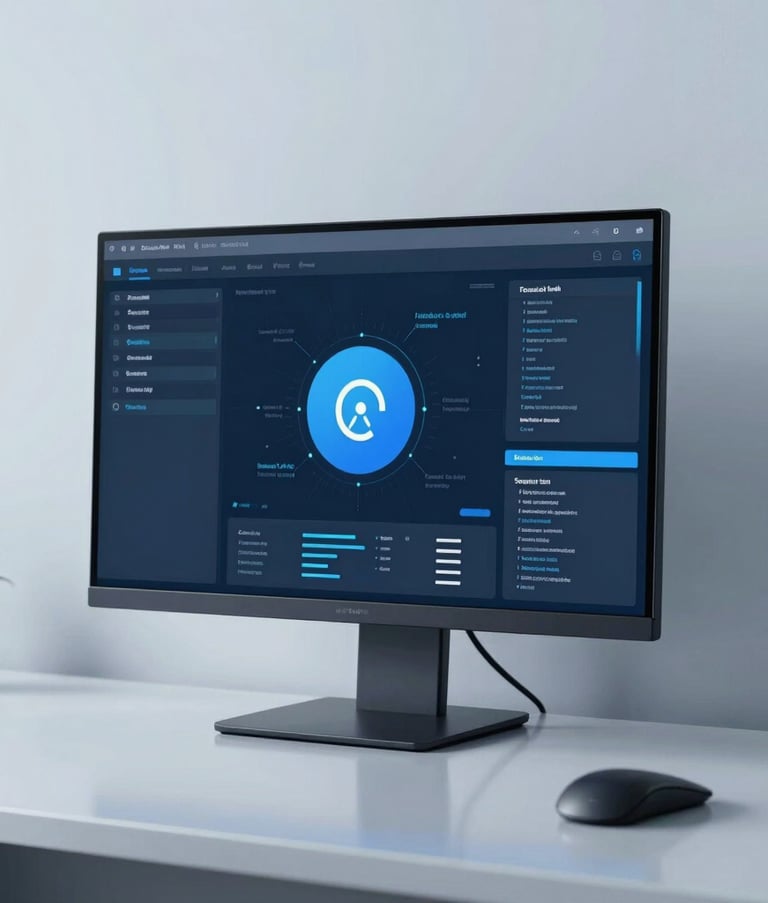 A clean, minimalist shot of a digital security interface displayed on a sleek monitor within a South Asian tech office. The lighting is crisp and modern, featuring light blue and steel blue reflections on the polished desk surface.