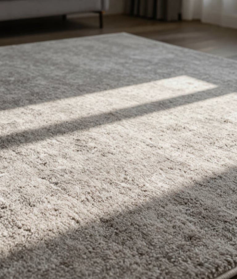 Close-up of a high-quality textured carpet in a modern Virginia home, showing perfect cleanliness and soft afternoon shadows. Minimalist composition, sharp detail, photography focused on texture and purity.