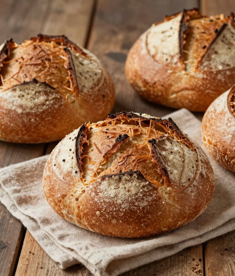 Close-up of freshly baked Brazilian artisan breads and rolls arranged on a rustic wooden table with a soft tan linen napkin, high-end commercial food photography style.