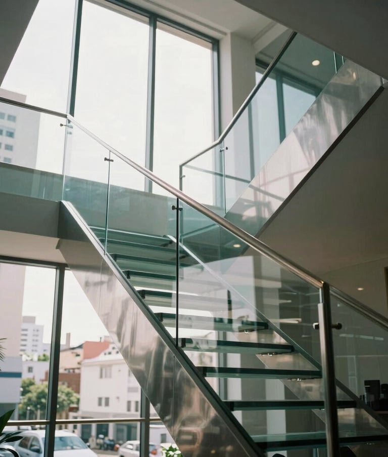 Low angle shot of a luxury glass and stainless steel staircase inside a contemporary building in a Hispanic / Latin American city. Natural light from a large window.