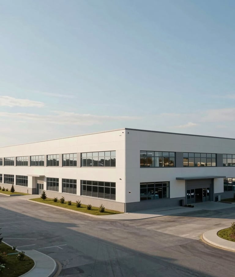 A wide shot of a modern commercial logistics center and retail office in Slovakia. The architecture is clean and professional with a palette of off-white and light grey, shot in bright natural daylight.