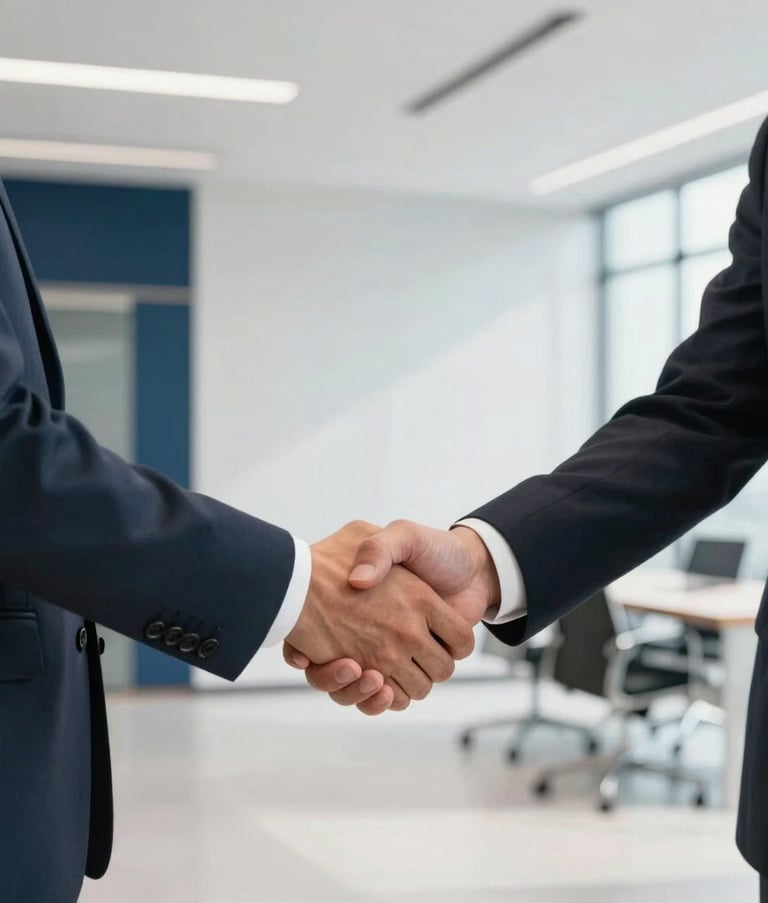 A professional handshake between two people in business attire in a sleek, modern corporate office in Costa Rica. The background is slightly blurred, showing a clean white interior with navy blue architectural details and bright natural light.