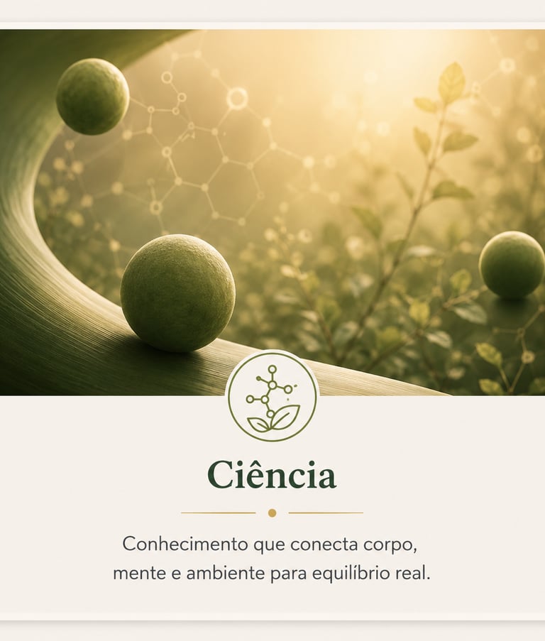 Imagem representando ciência e natureza com estruturas moleculares e esferas verdes sobre folha.