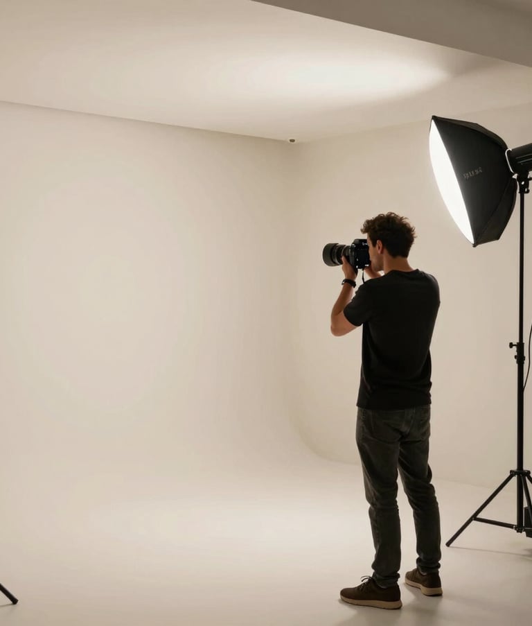 Professional photography studio setup where a photographer is capturing high-end lifestyle products. The space is minimalist and modern, reflecting a North American / International aesthetic with Crisp Parchment walls and professional lighting gear.