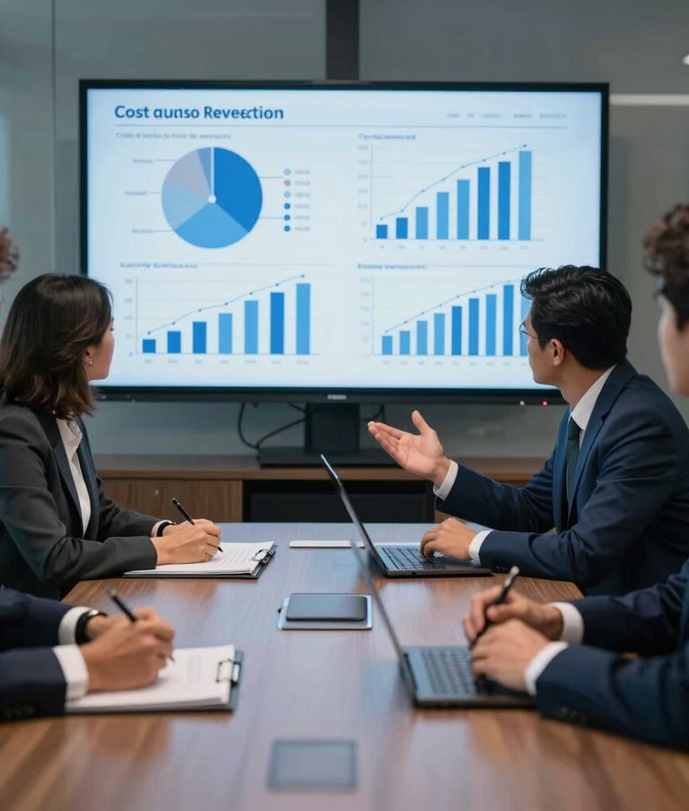 South American / Brazilian professionals in a sleek corporate boardroom analyzing data charts on a screen, focusing on cost reduction and strategic management, sophisticated blue tones, confident and innovative atmosphere.