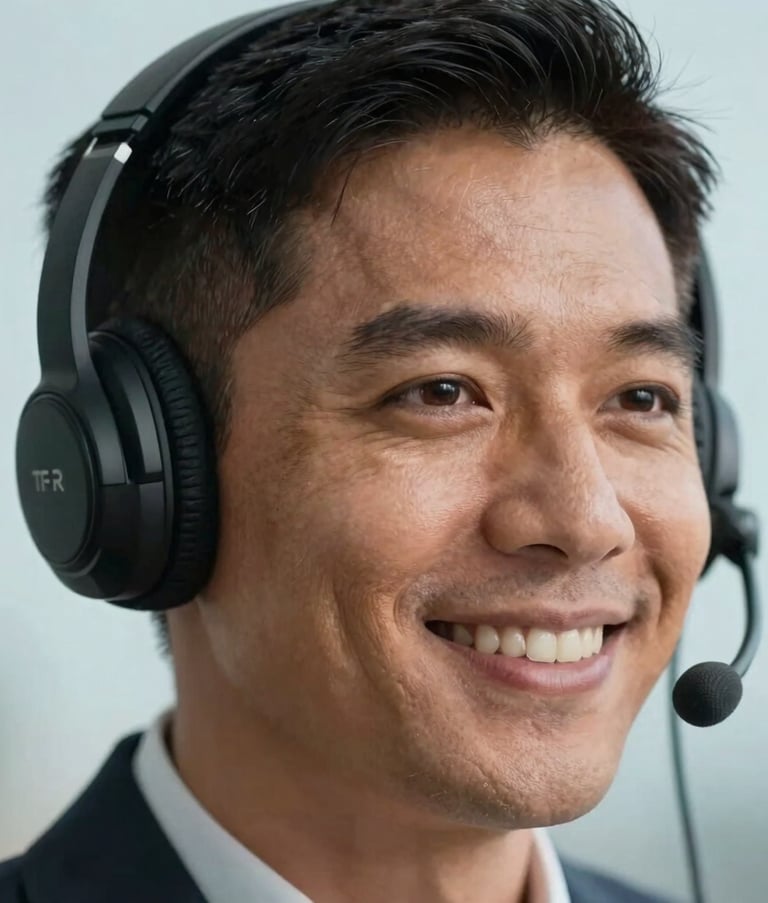 Close-up of a professional South American person wearing a sleek headset, smiling confidently, Soft Sky Blue blurred background, soft natural lighting.