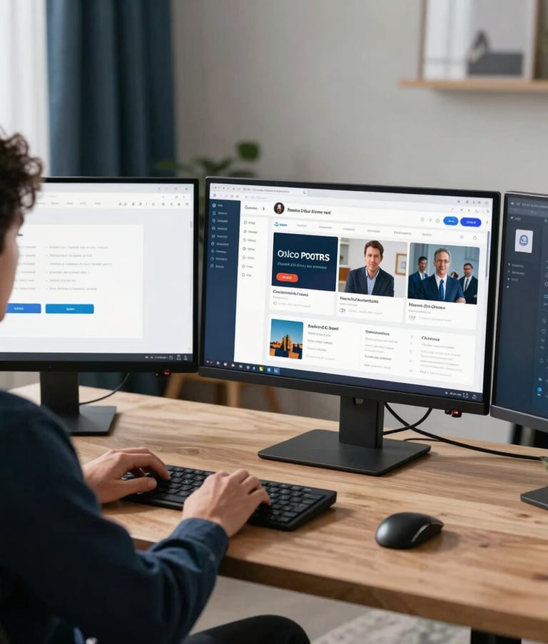 A professional individual in a North American home office using a desktop computer with multiple screens. The primary screen shows a modern, user-friendly interface for an online course. The room is styled with minimalist furniture, navy blue accents, and soft natural light, creating a trustworthy and calm workspace.